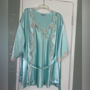 Vintage 90s Val Mode Pale Aqua Satin Robe + Slip Dress Set, Size Small